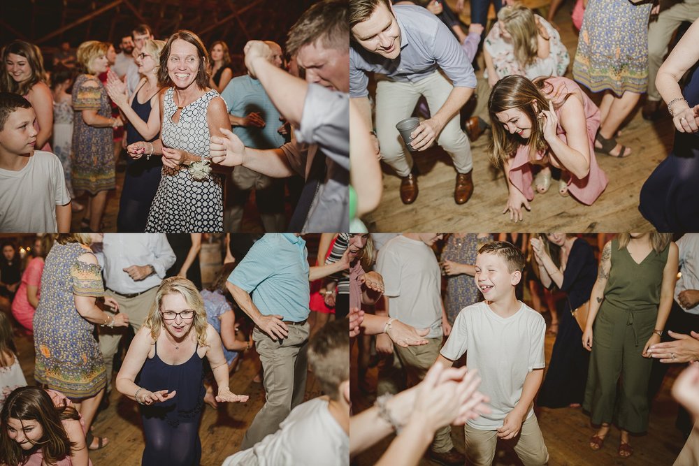 four photos of everyone on the dance floor during their wedding reception