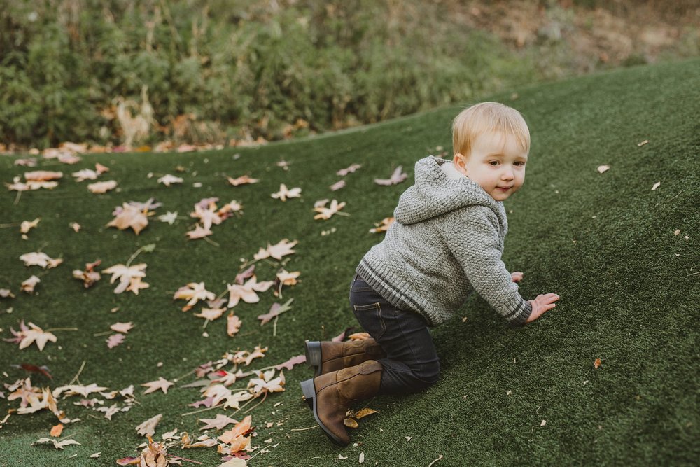 Boy crawling up a hill at Cumberland Park