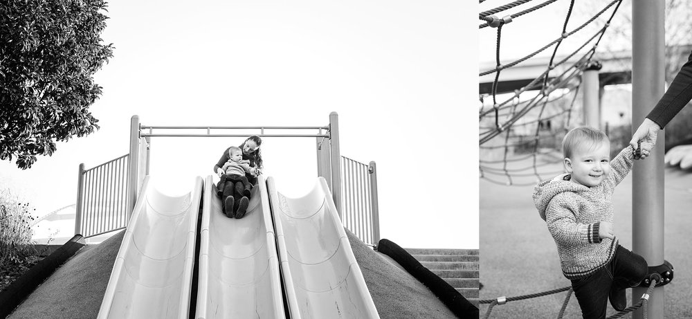boy and mom going down the slide at Cumberland Park