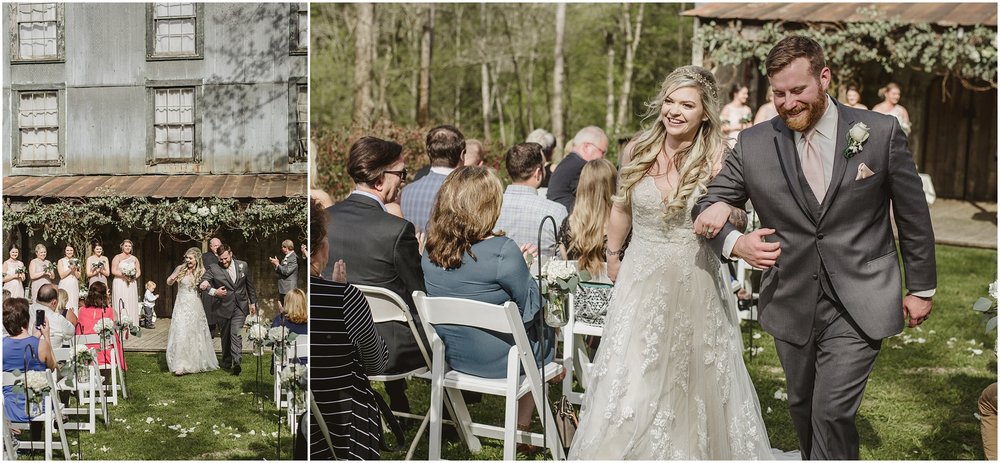 The bride and groom announced as married and exit and ceremony at Evins Mill.