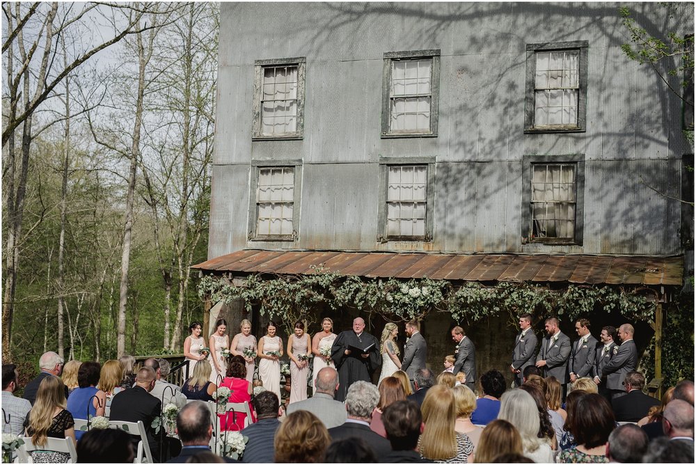 A view of the entire wedding and guests at Evins Mill Wedding Venue.