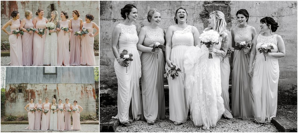 Bridesmaids and bride laugh at Evins Mill Wedding Venue.