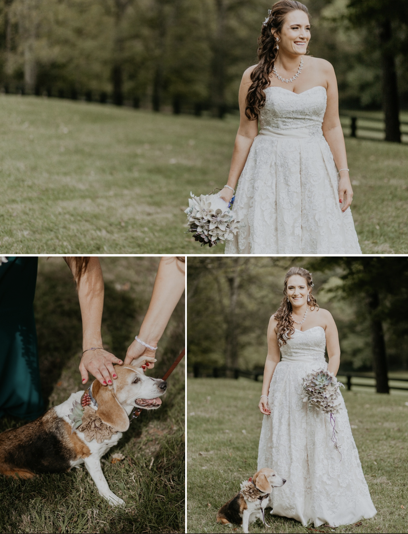 Michelle in her wedding dress with her dog.