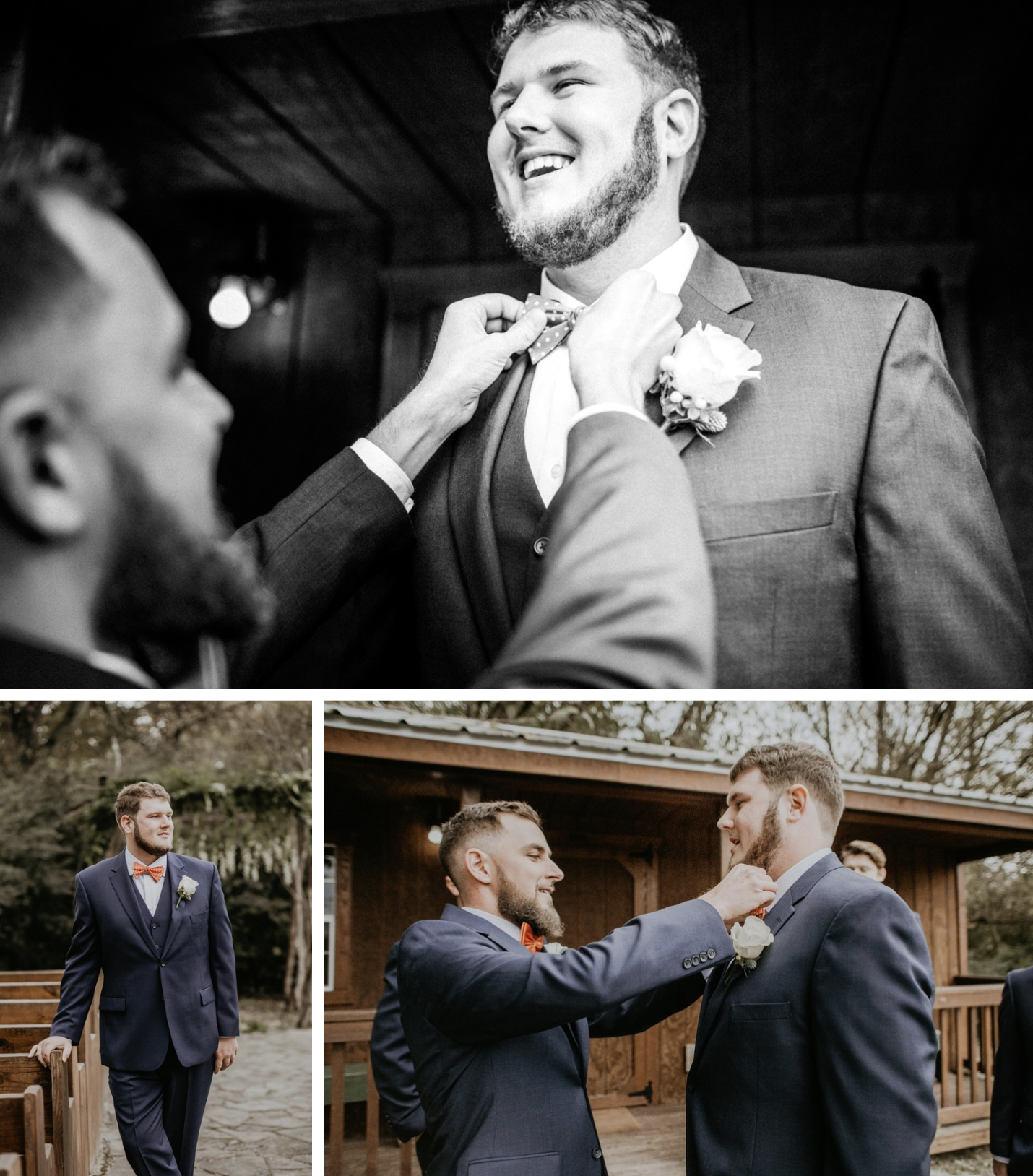 The best man straightening the groom's bow tie.