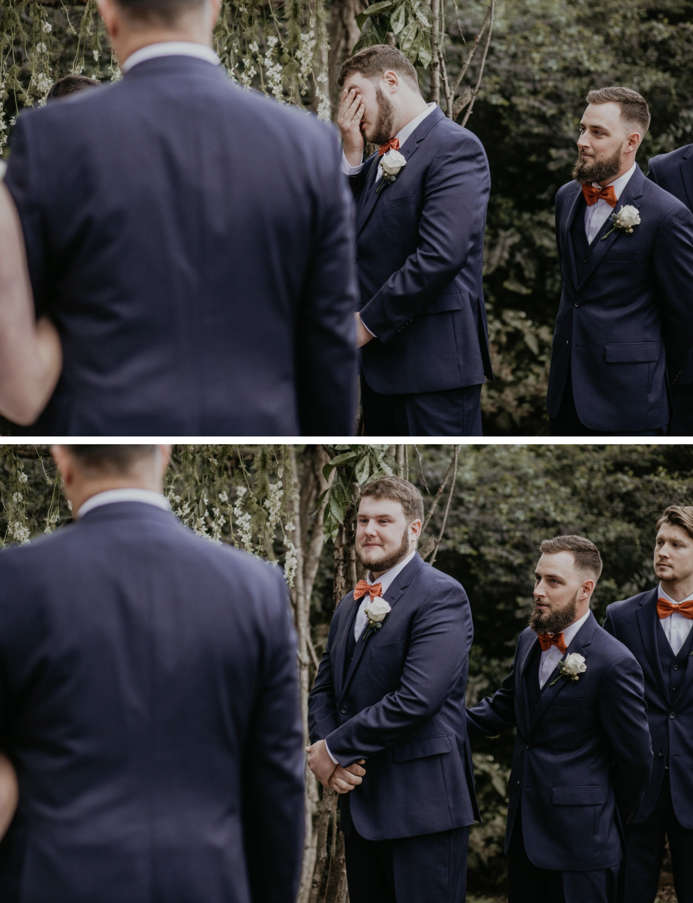 The groom gets emotional as his bride walks down the aisle.