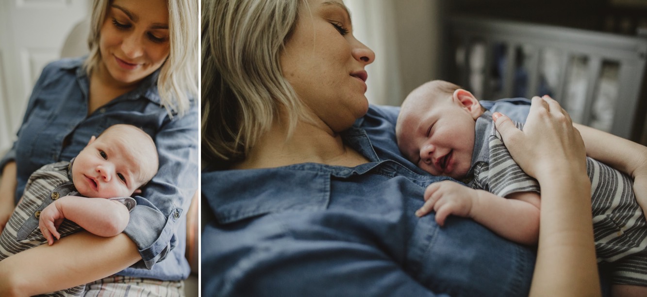 Mom holds her newborn boy on her chest while he smiles during their session in spring hill.
