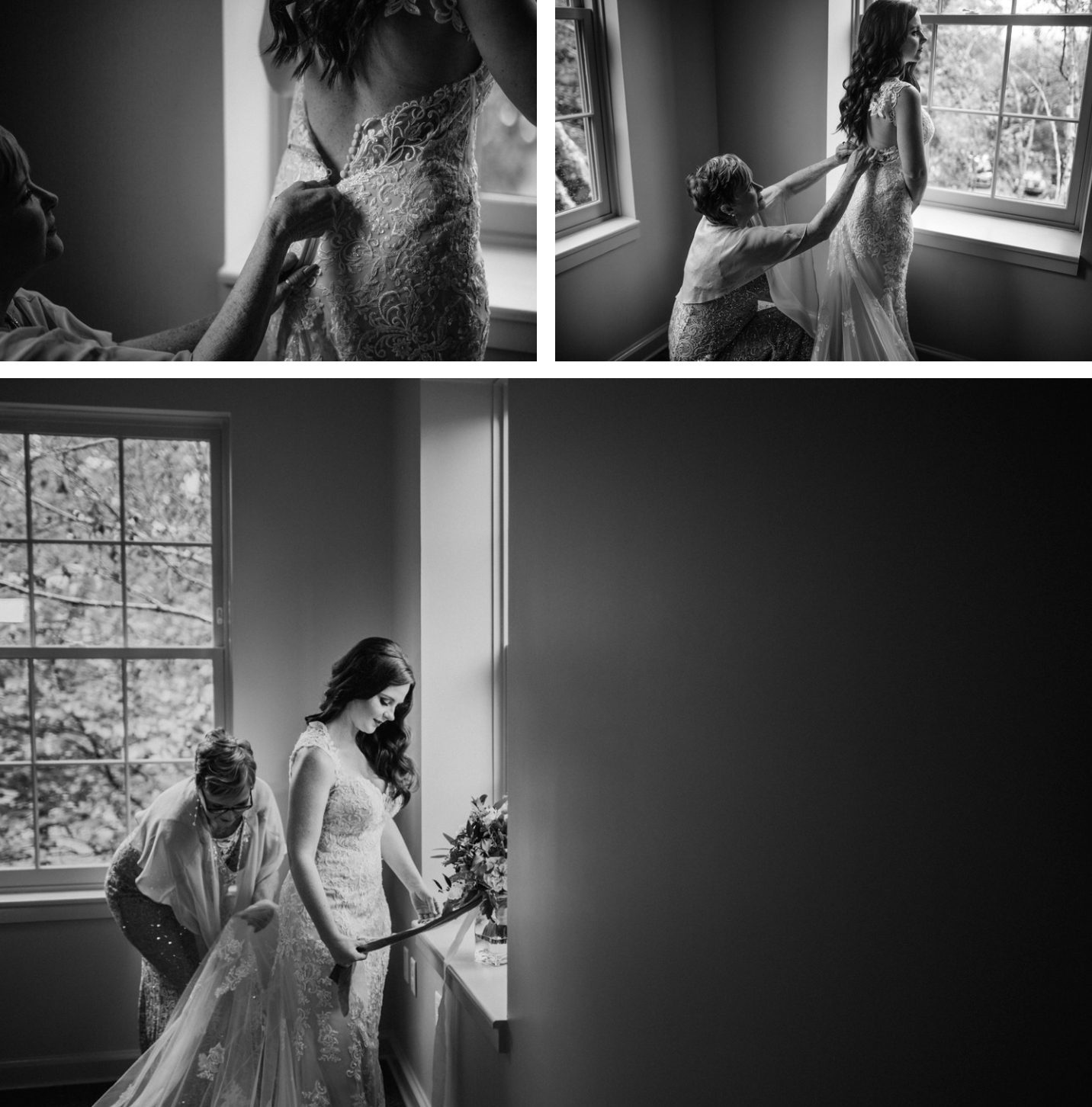 Mother of the bride helping her daughter into her wedding dress at Cheekwood.