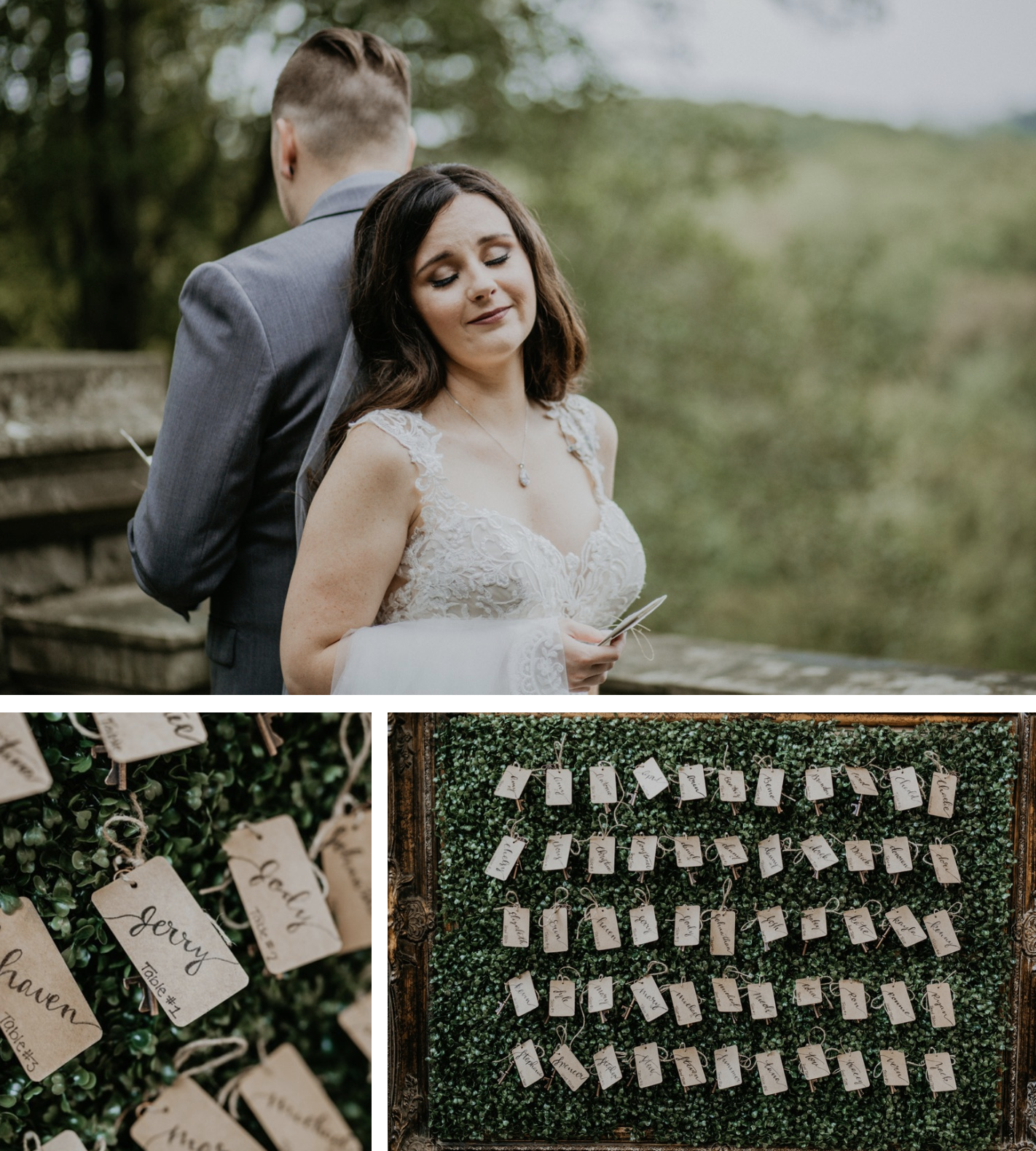Wedding reception name tags hang on a large frame of greenery at Cheekwood Botanical Wedding.
