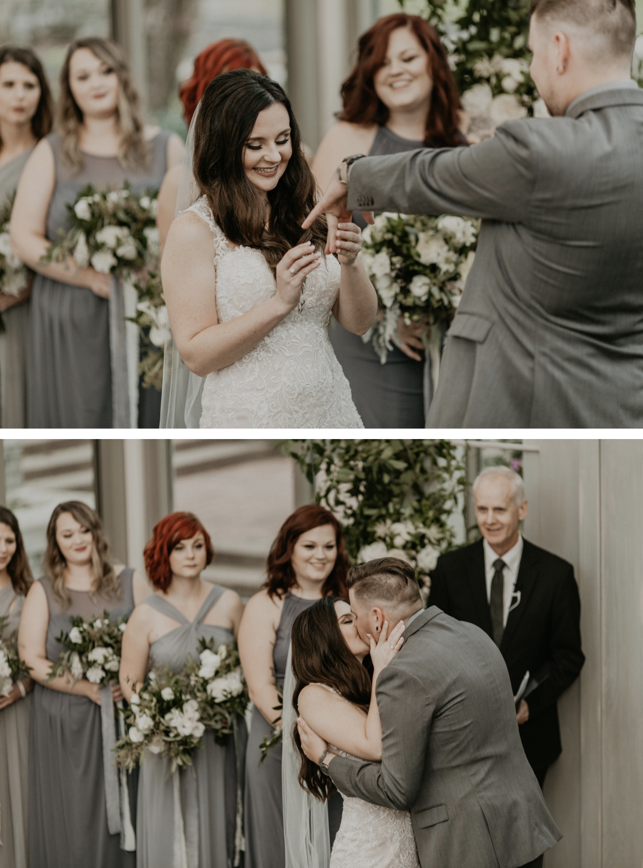 The groom holds his hand out for his bride to put his ring on his finger and then their ceremony is sealed with a kiss.