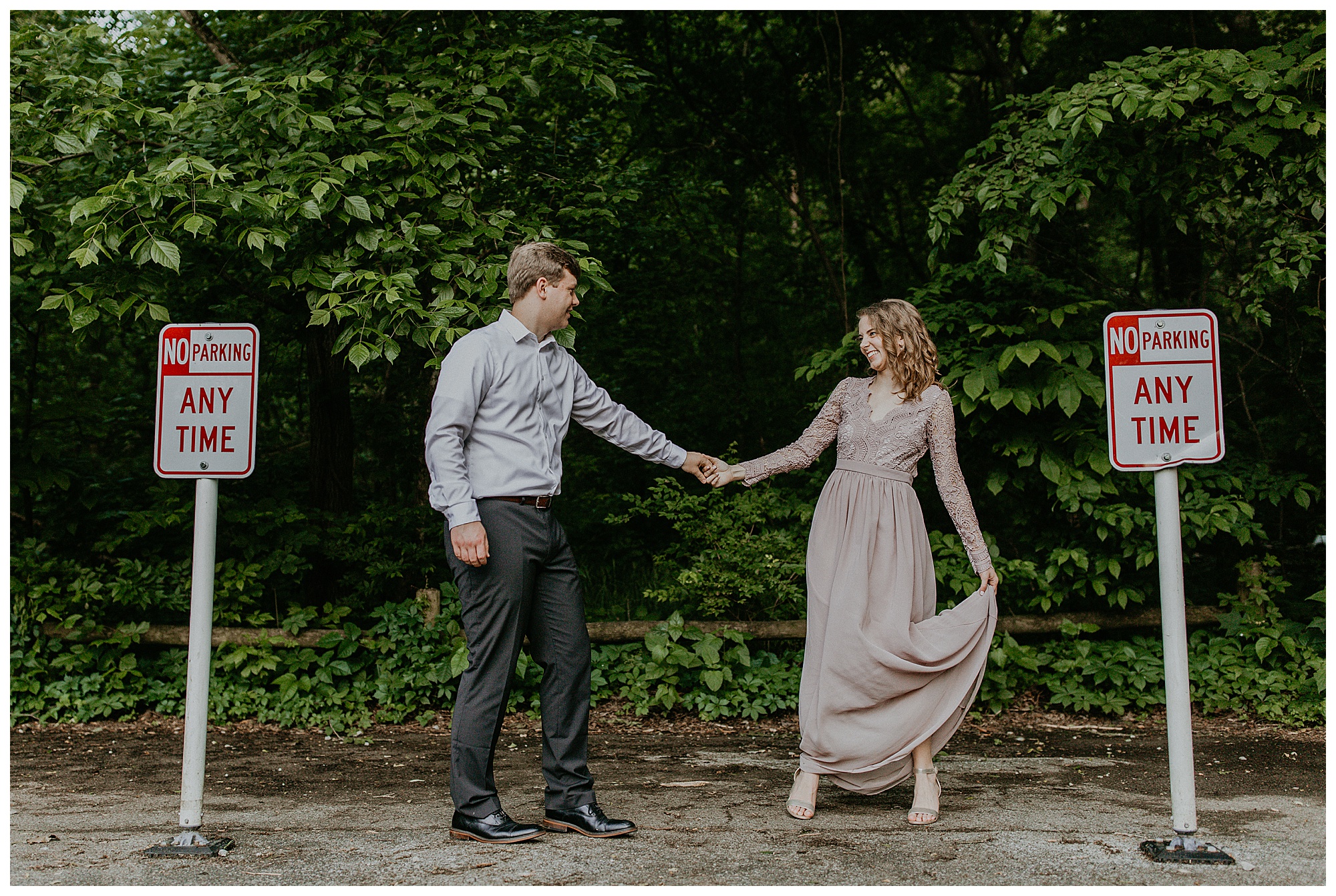 Couple dance during engagement at Radnor State Park