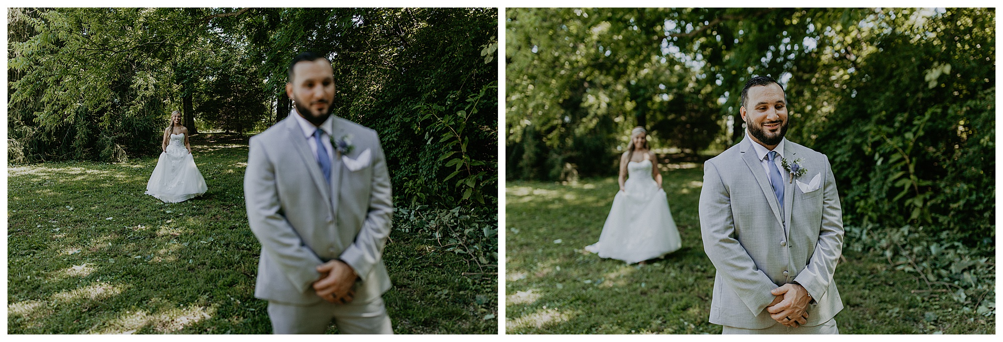 Scott and lauren's first look and Lauren is walking up behind Scott at Cool Springs House.