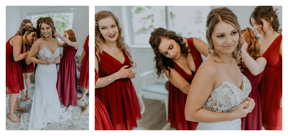 Roxanne's bridal party helps her get into her dress at Mount Peak Farm in Washington State, Washington State Wedding Photographer, Mount Peak Wedding Venue, PNW Wedding Photographer