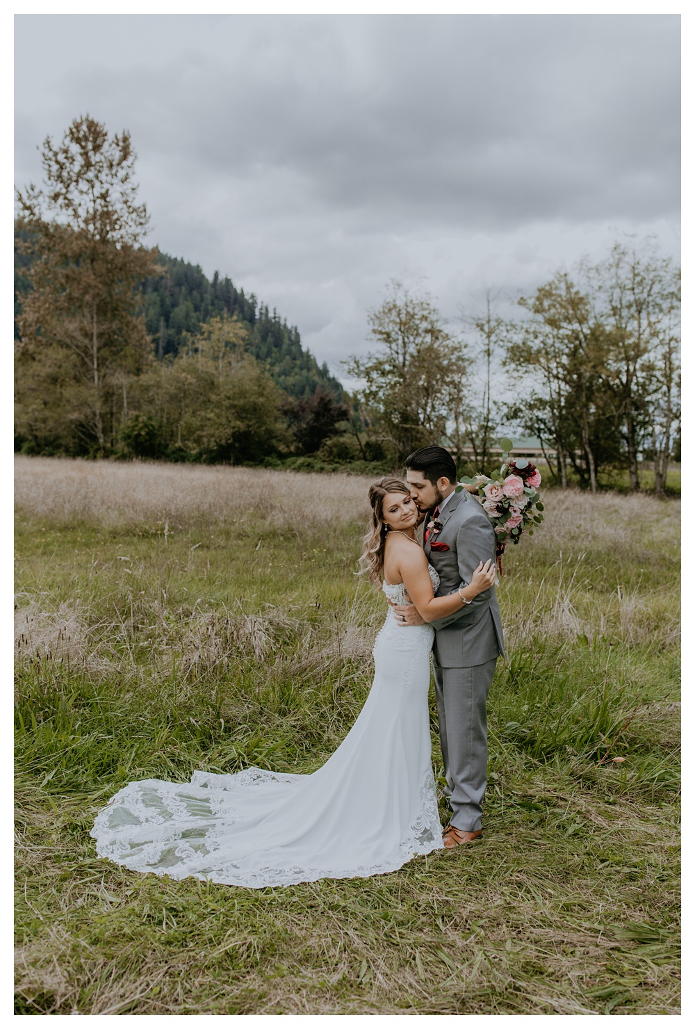 Javier and Roxanne during portraits out in the field at Mount Peak Farm in Washington State. Washington State Wedding Photographer, Mount Peak Wedding Venue, PNW Wedding Photographer