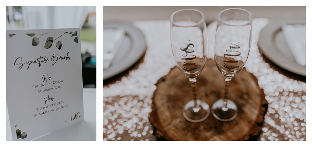 bride and groom champagne glasses and signature drink card at Mount Peak Farm, Washington State Wedding Photographer, Mount Peak Wedding Venue, PNW Wedding Photographer