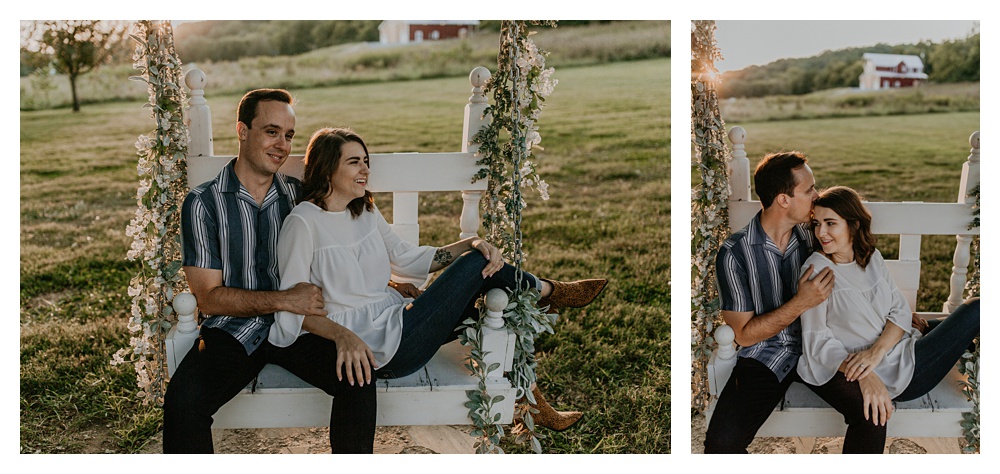 engaged couple on swing,Nashville Engagement Photographer, Nashville Wedding Photographer, Drakewood Farm, Nashville Wedding Venue, Tennessee Wedding, what to wear for engagement photos, best spots for engagement photos in Nashville, sunset engagement photos