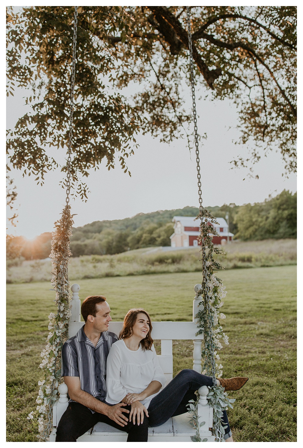 engaged couple on swing, Nashville Engagement Photographer, Nashville Wedding Photographer, Drakewood Farm, Nashville Wedding Venue, Tennessee Wedding, what to wear for engagement photos, best spots for engagement photos in Nashville, sunset engagement photos