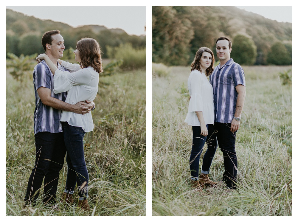 engaged couple in the field, Nashville Engagement Photographer, Nashville Wedding Photographer, Drakewood Farm, Nashville Wedding Venue, Tennessee Wedding, what to wear for engagement photos, best spots for engagement photos in Nashville