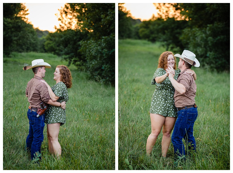 cowboy and cowgirl dance in a field, nashville engagement, nashville engagement photographer, Spring Hill Tennessee, outdoor engagement photos, field engagement photos, cowboy hat, cowboy, western engagement photos, Spring Hill engagement photographer, cowboy and cowgirl, summer engagement photos