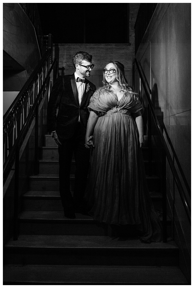 Bride and Groom look at one another on staircase at Luxury Noelle hotel in downtown Nashville, Tennessee