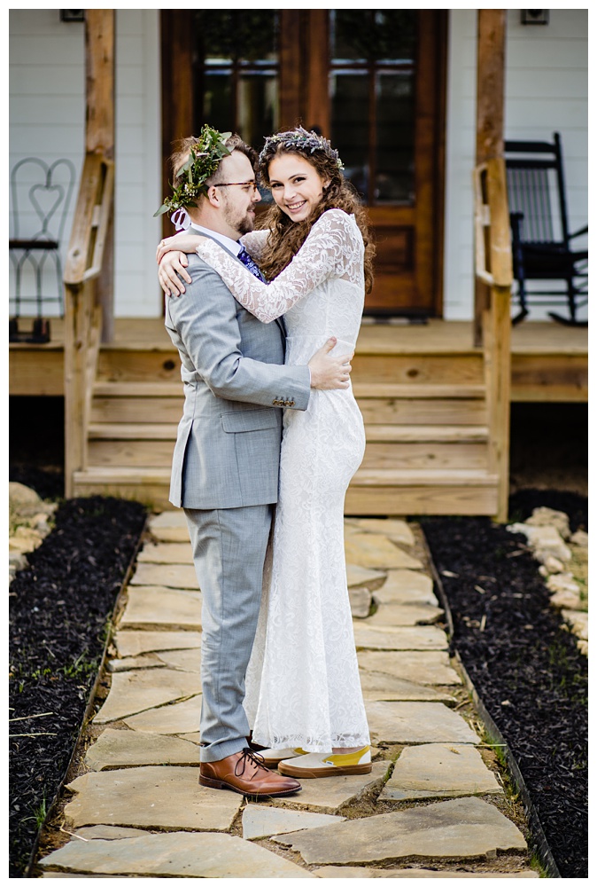 the bride and groom pose in front of the bride's parents home, nashville wedding photographer, nashville wedding, nashville Tennessee wedding, intimate wedding, bohemian wedding, intimate bohemian wedding, intimate nashville wedding, intimate mountain wedding, intimate backyard wedding, intimate elopement, Tennessee elopement
