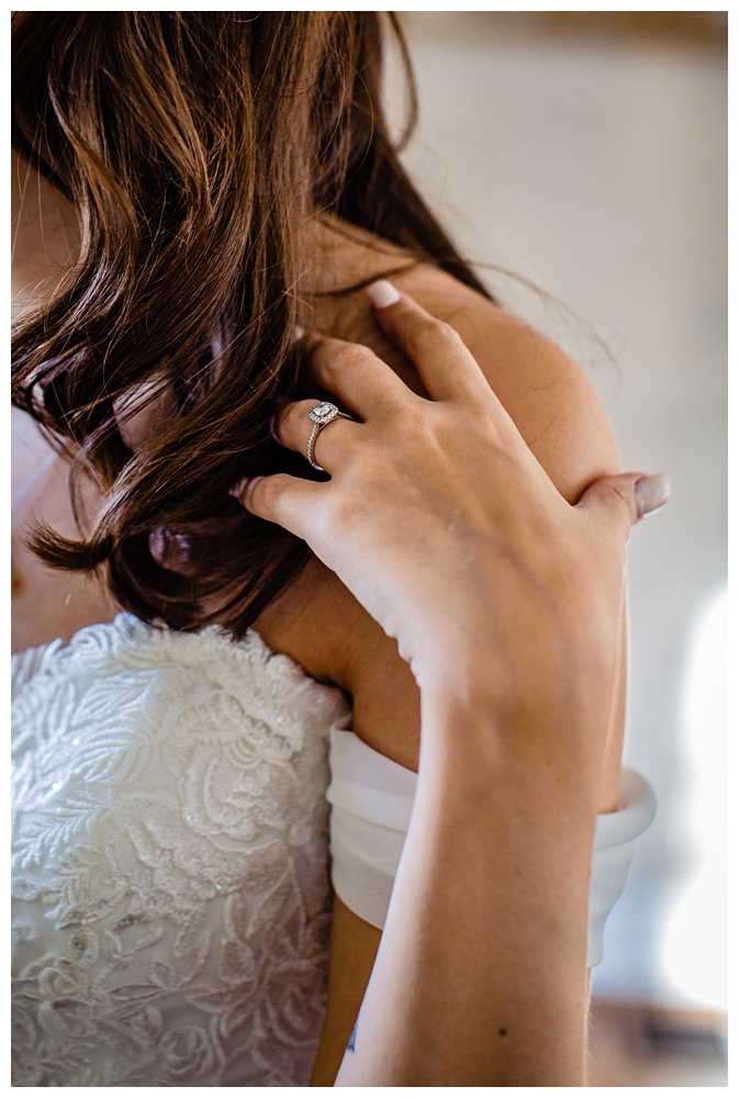 the bride's hand touches her shoulder, nashville wedding photographer, nashville wedding, nashville Tennessee wedding, intimate wedding, Drakewood Farm, intimate nashville wedding, intimate outdoor wedding, intimate backyard wedding, intimate elopement, Tennessee elopement