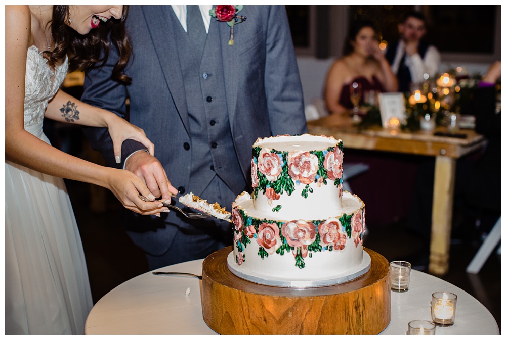 the bride and groom cut their cake together, nashville wedding photographer, nashville wedding, nashville Tennessee wedding, intimate wedding, Drakewood Farm, intimate nashville wedding, intimate outdoor wedding, intimate backyard wedding, intimate elopement, Tennessee elopement