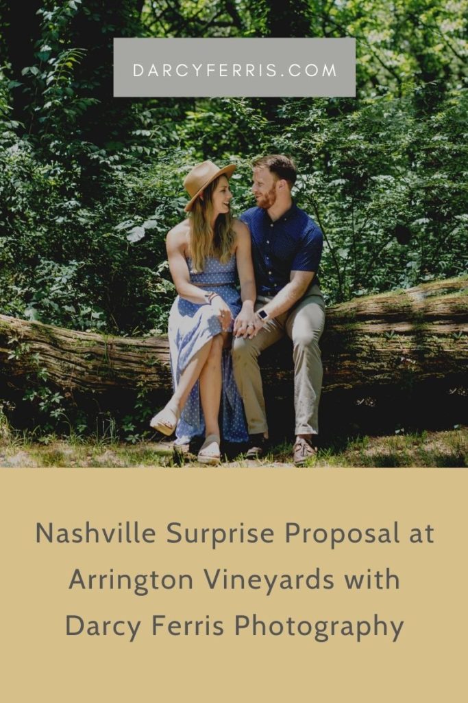 Nashville Surprise Proposal at Arrington Vineyards with Nashville Wedding Photographer, a man and woman who just got engaged sit on a huge log in love